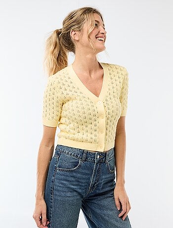 Cardigan em malha rendada com mangas curtas