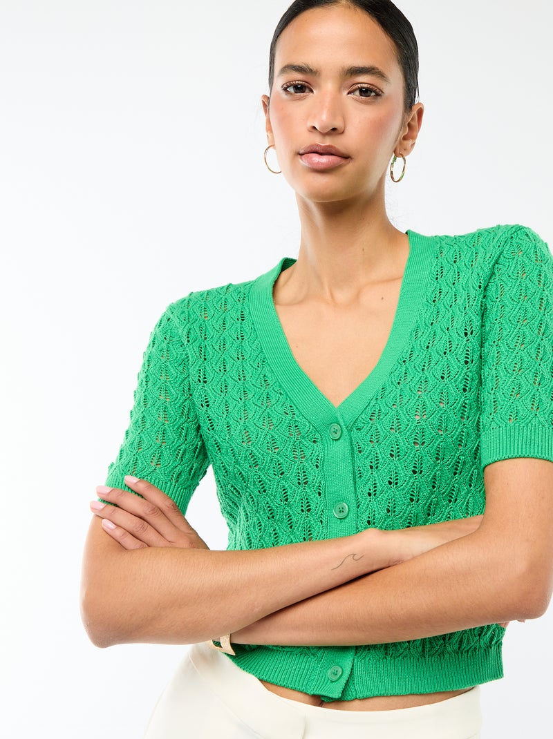 Cardigan em malha rendada com mangas curtas Verde - Kiabi