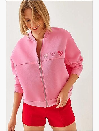Cardigan escovado de três camadas com bordado de corações lucci