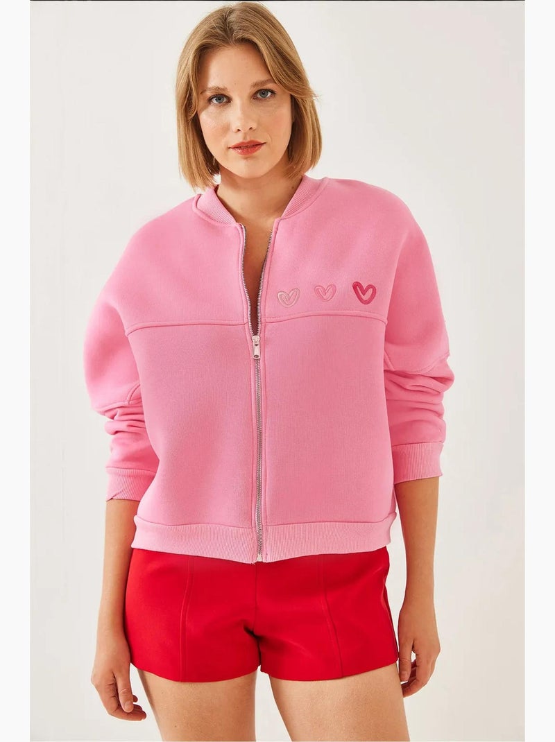 Cardigan escovado de três camadas com bordado de corações lucci Rosa-fluo/Solinotes - Kiabi
