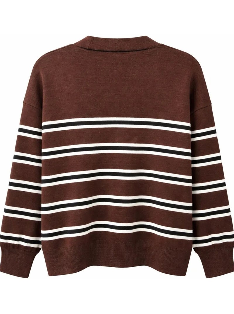 Cardigan feminino às riscas com decote em v mixray Castanho-avelã - Kiabi