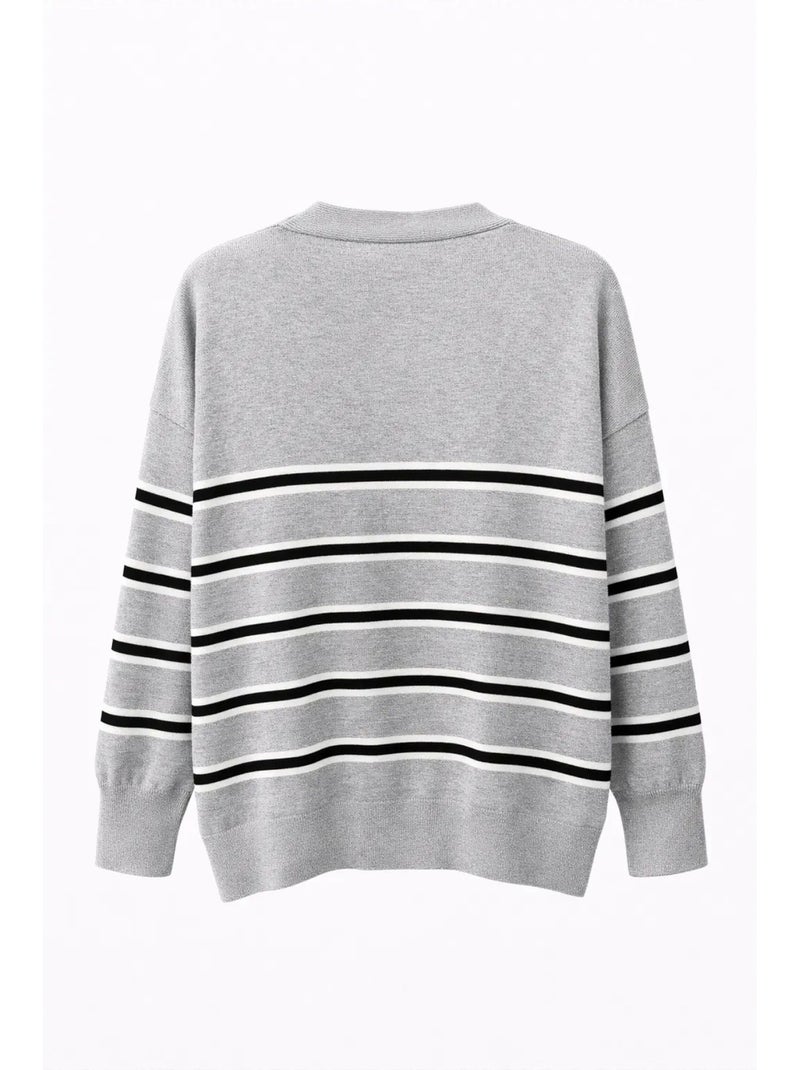 Cardigan feminino às riscas com decote em v mixray Cinza-preto branco - Kiabi