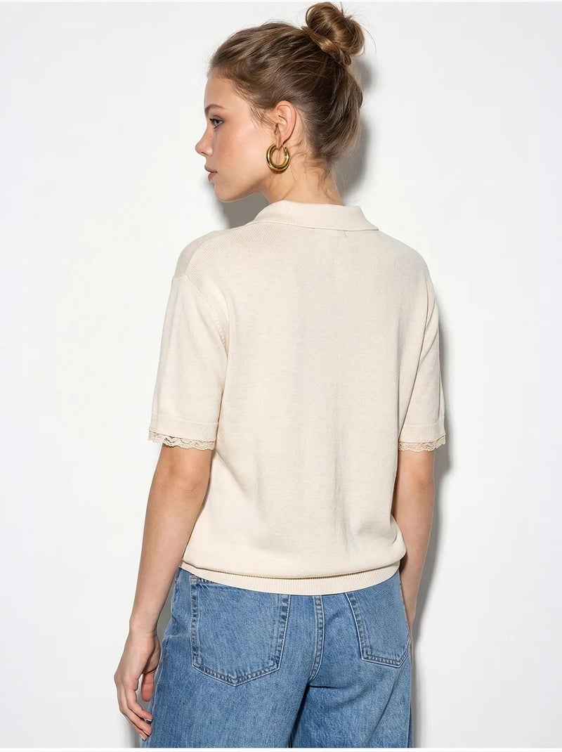 Cardigan feminino canelado com renda e botões lucci Creme - Kiabi