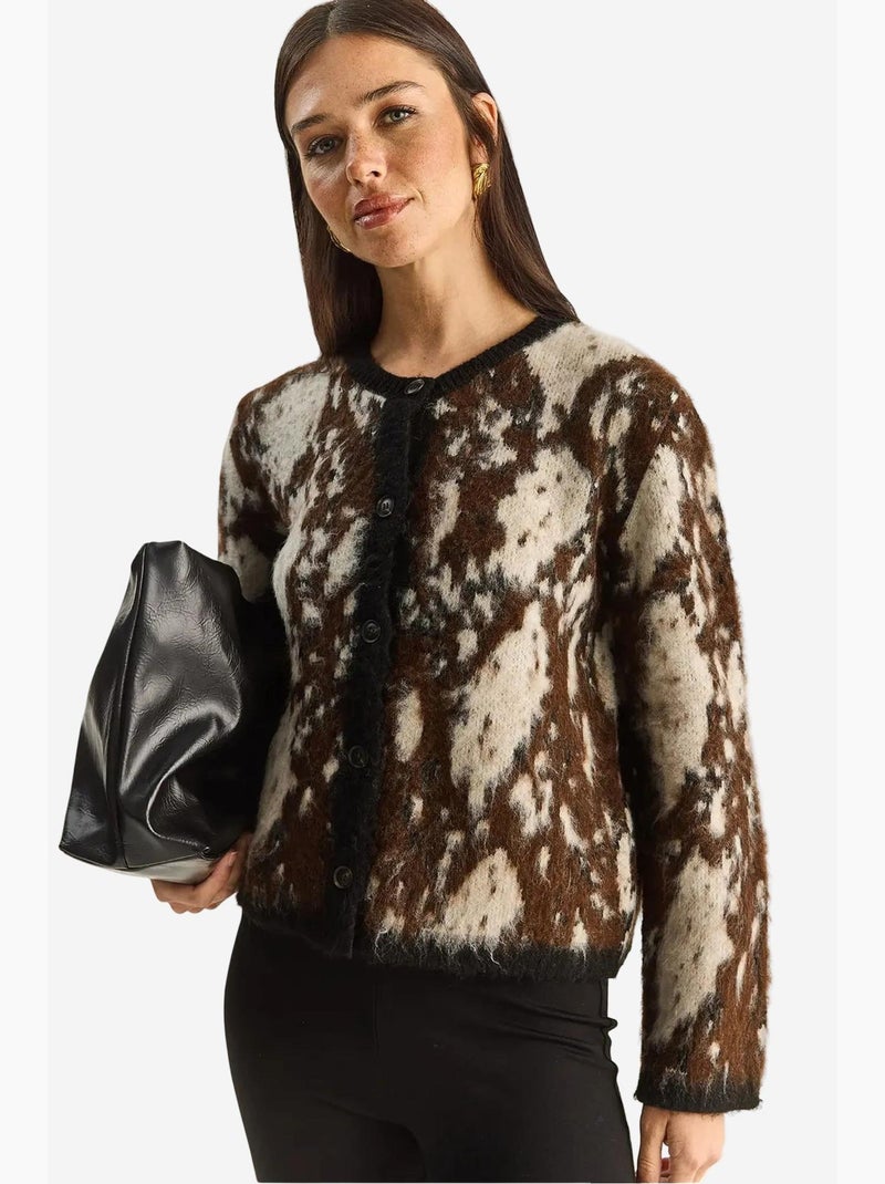 Cardigan jacquard com padrão, manga comprida e botões lucci Castanho-escuro - Kiabi