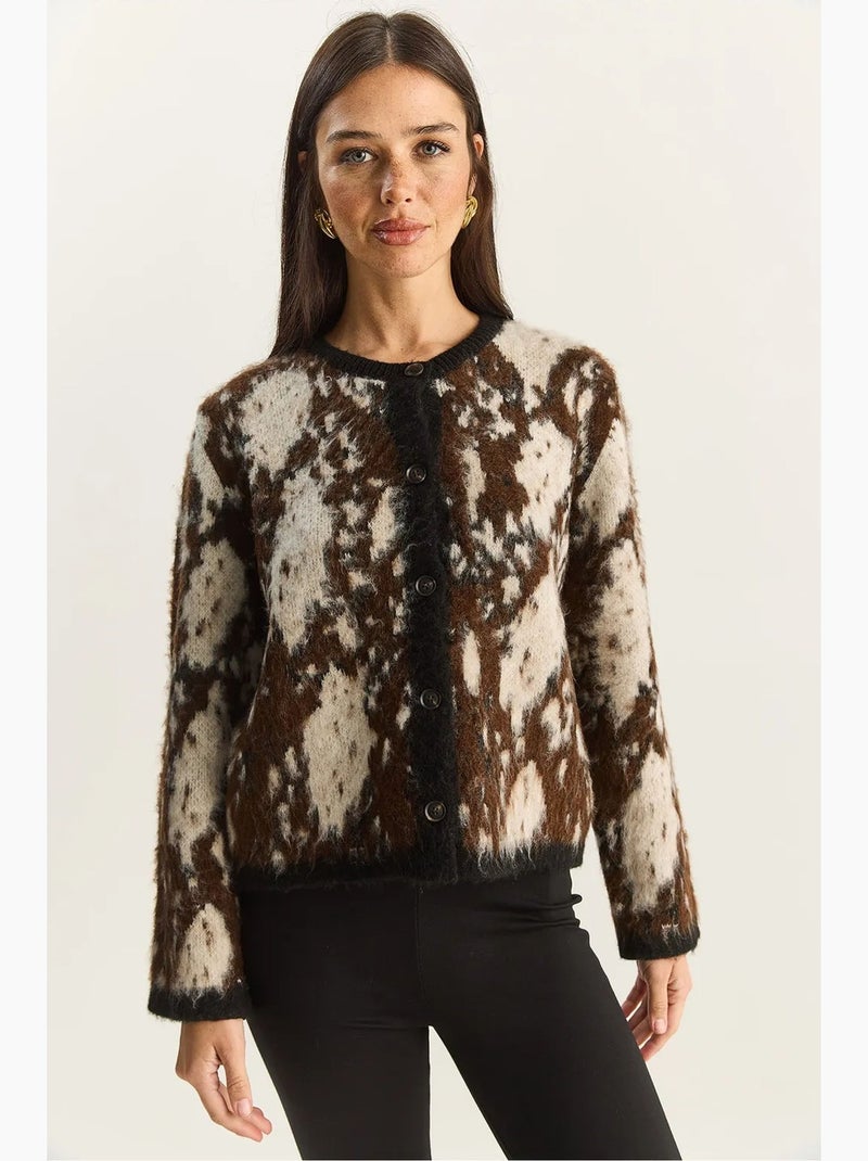 Cardigan jacquard com padrão, manga comprida e botões lucci Castanho-escuro - Kiabi