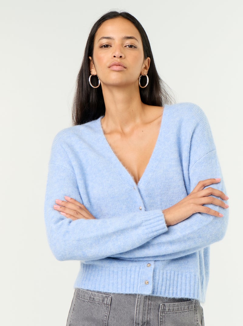 Cardigan liso abotoado em malha grossa Azul - Kiabi