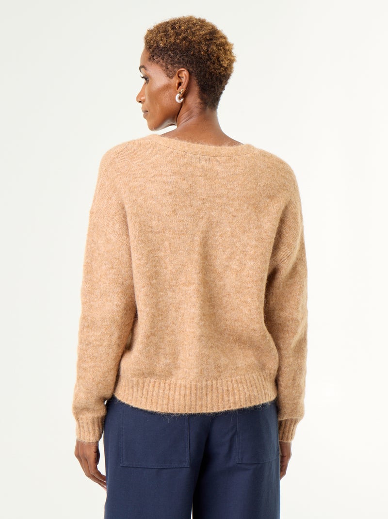 Cardigan liso abotoado em malha grossa Bege - Kiabi