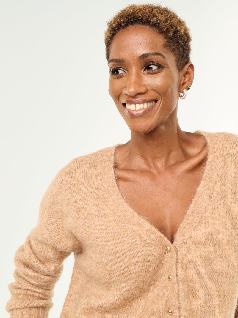 Cardigan liso abotoado em malha grossa Bege - Kiabi