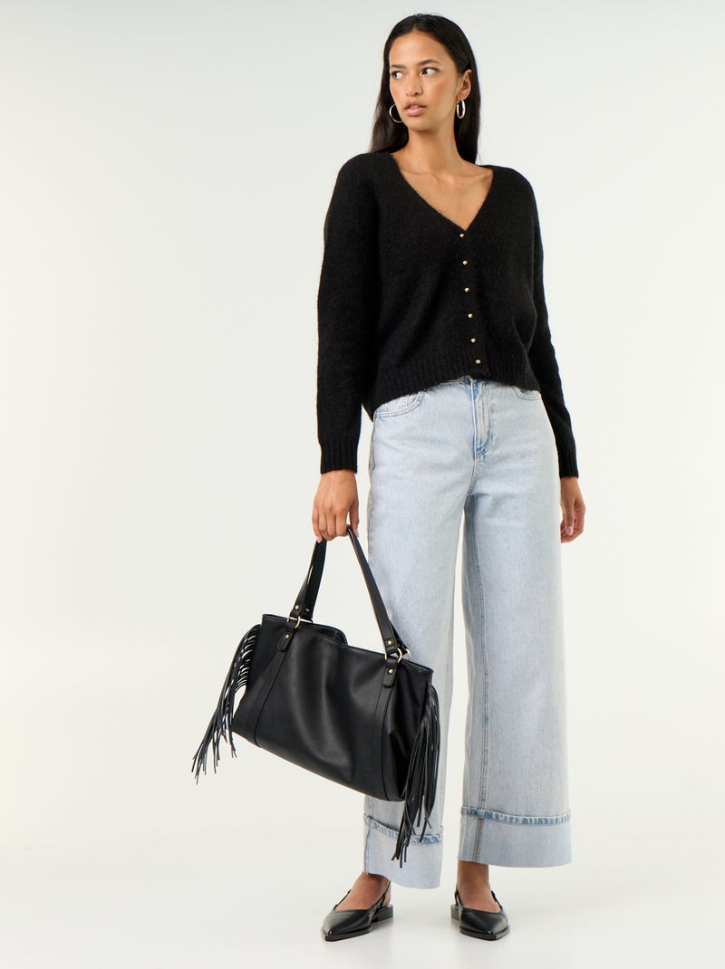 Cardigan liso abotoado em malha grossa Preto - Kiabi
