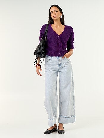 Cardigan liso abotoado em malha grossa