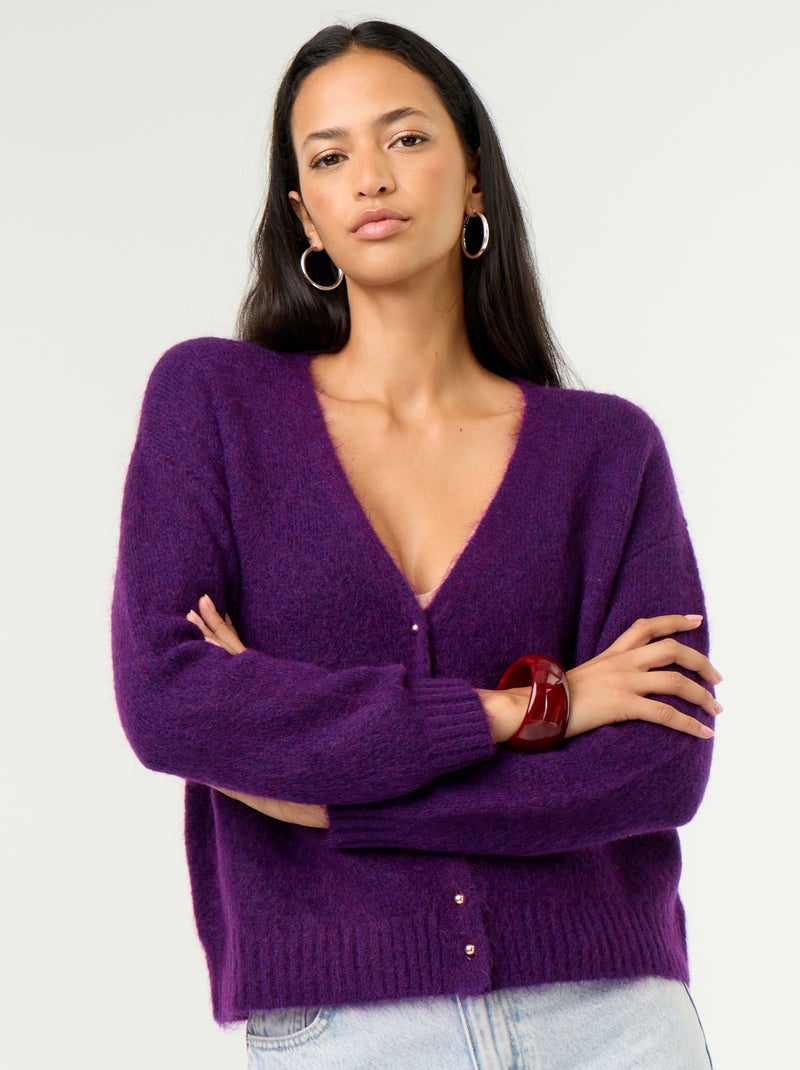 Cardigan liso abotoado em malha grossa Violeta - Kiabi