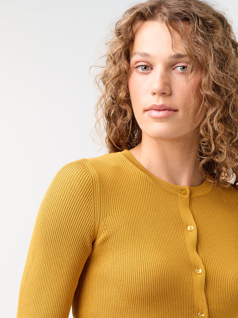 Cardigan liso canelado com acabamentos em folhos Amarelo - Kiabi
