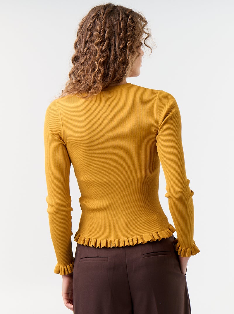 Cardigan liso canelado com acabamentos em folhos Amarelo - Kiabi