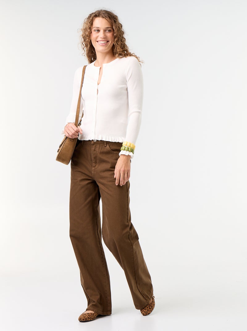 Cardigan liso canelado com acabamentos em folhos Branco - Kiabi