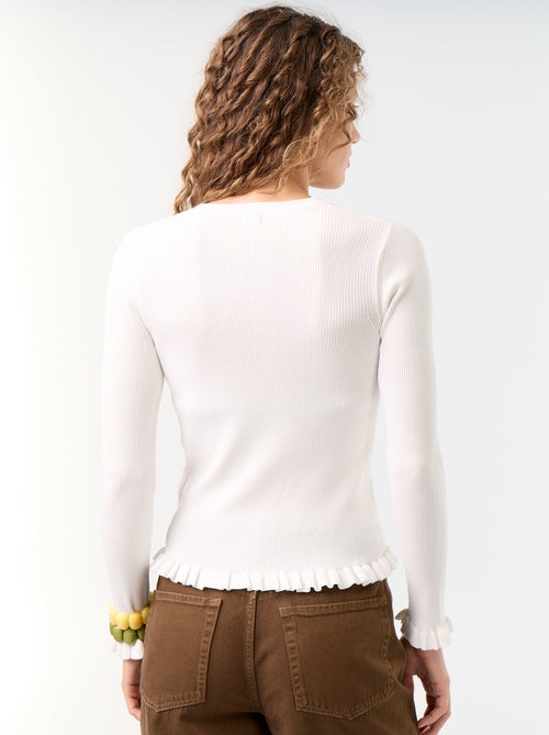 Cardigan liso canelado com acabamentos em folhos - Kiabi