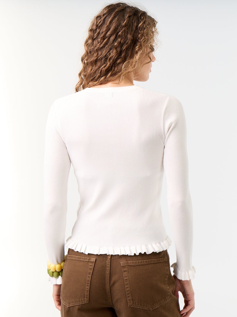 Cardigan liso canelado com acabamentos em folhos Branco - Kiabi