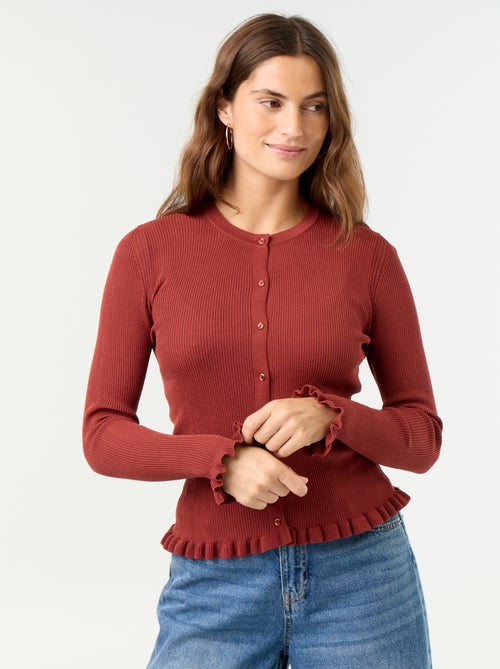 Cardigan liso canelado com acabamentos em folhos - Kiabi