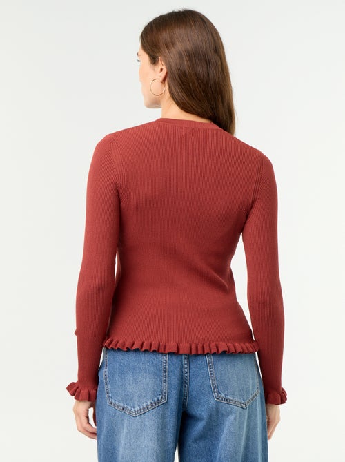 Cardigan liso canelado com acabamentos em folhos - Kiabi