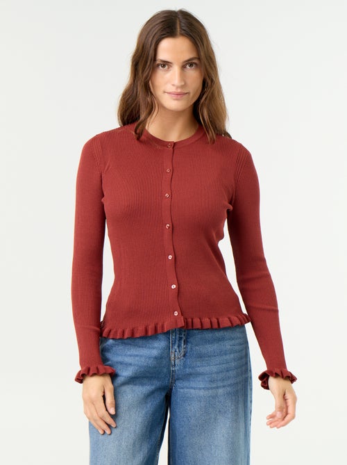 Cardigan liso canelado com acabamentos em folhos - Kiabi