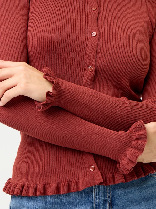 Cardigan liso canelado com acabamentos em folhos - Kiabi