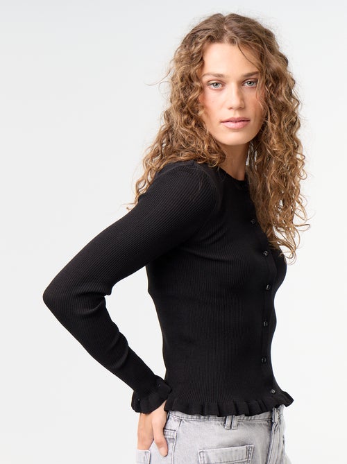 Cardigan liso canelado com acabamentos em folhos - Kiabi Cardigan liso canelado com acabamentos em folhos - Kiabi