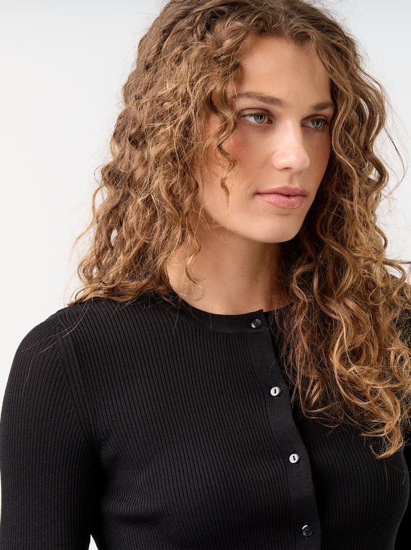 Cardigan liso canelado com acabamentos em folhos Preto - Kiabi