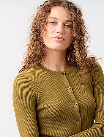 Cardigan liso canelado com acabamentos em folhos