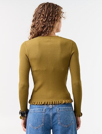 Cardigan liso canelado com acabamentos em folhos