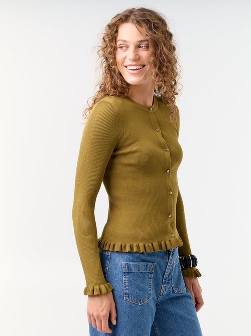 Cardigan liso canelado com acabamentos em folhos - Kiabi