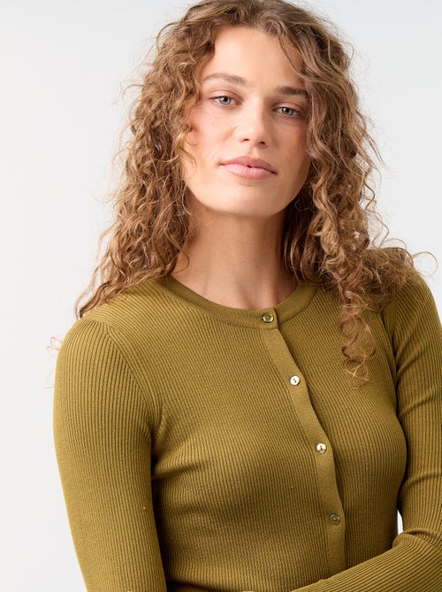 Cardigan liso canelado com acabamentos em folhos - Kiabi