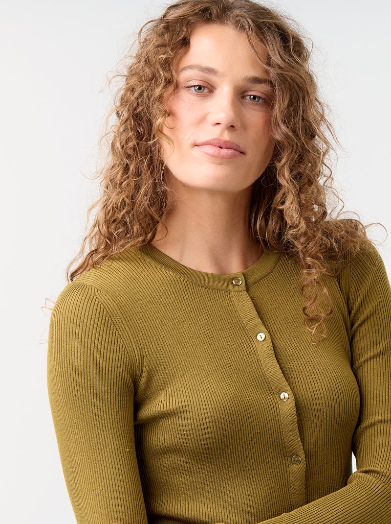 Cardigan liso canelado com acabamentos em folhos Verde - Kiabi