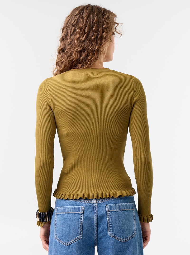 Cardigan liso canelado com acabamentos em folhos Verde - Kiabi