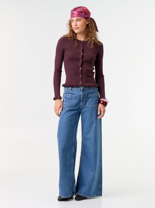 Cardigan liso canelado com acabamentos em folhos - Kiabi