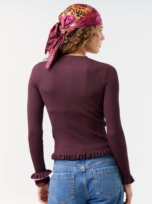 Cardigan liso canelado com acabamentos em folhos - Kiabi