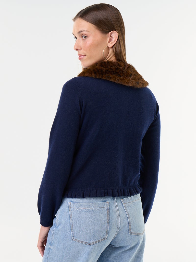 Cardigan liso com gola de pelo sintético Azul - Kiabi