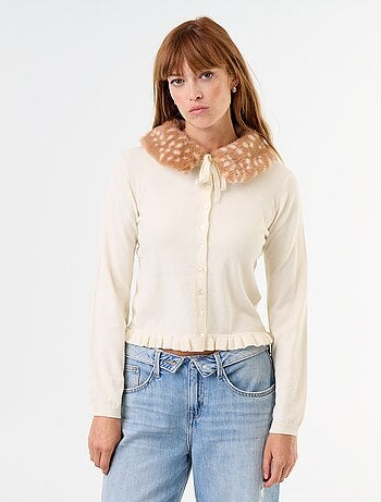 Cardigan liso com gola de pelo sintético