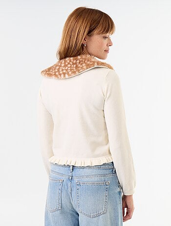 Cardigan liso com gola de pelo sintético
