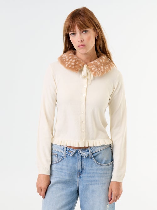 Cardigan liso com gola de pelo sintético - Kiabi