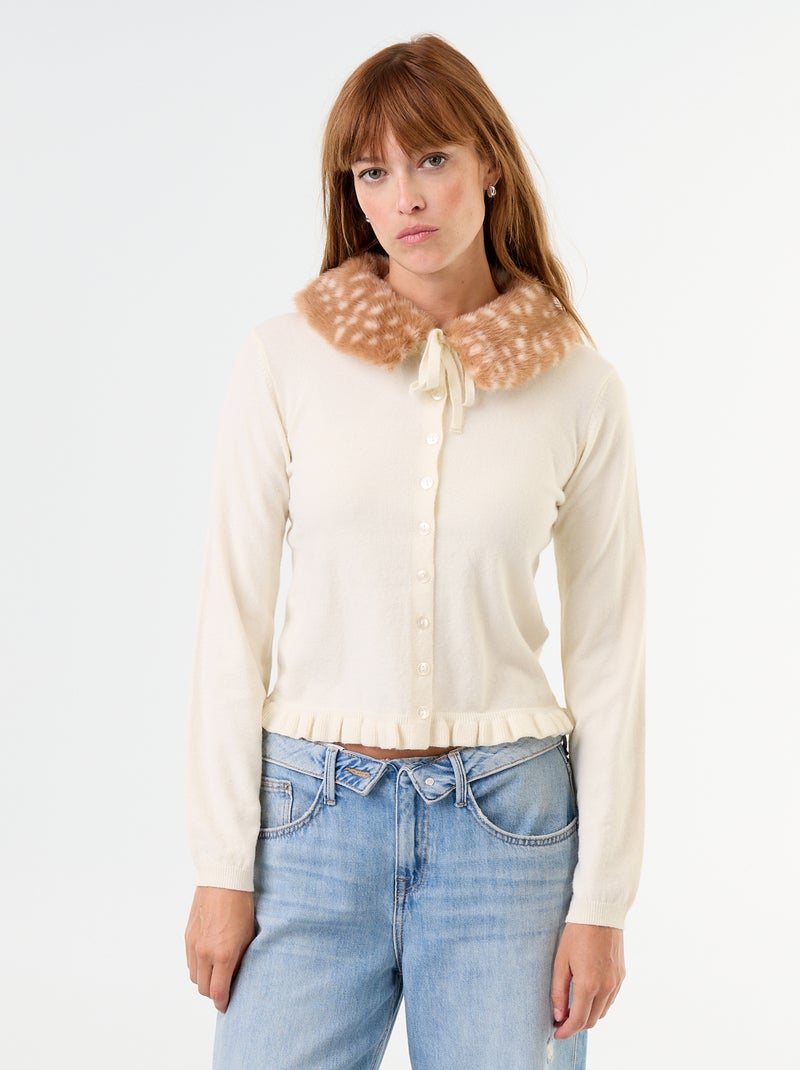 Cardigan liso com gola de pelo sintético Bege - Kiabi