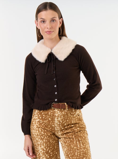 Cardigan liso com gola de pelo sintético - Kiabi
