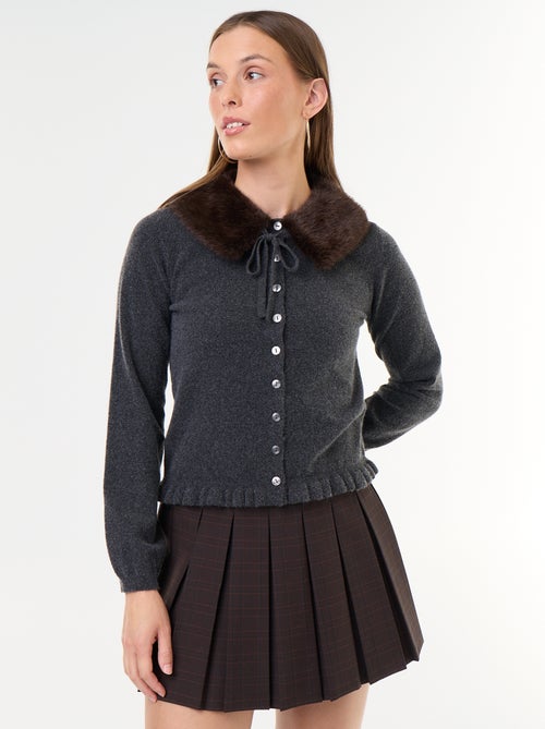 Cardigan liso com gola de pelo sintético - Kiabi