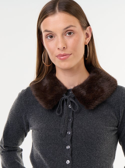 Cardigan liso com gola de pelo sintético - Kiabi