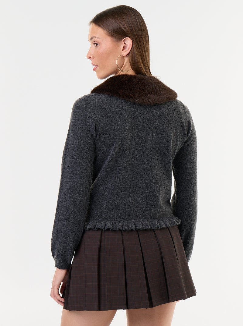Cardigan liso com gola de pelo sintético Cinza - Kiabi
