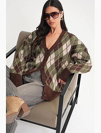 Cardigan oversize argyle com decote em v e botões mixray