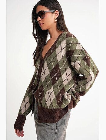 Cardigan oversize argyle com decote em v e botões mixray