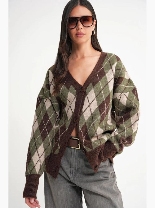Cardigan oversize argyle com decote em v e botões mixray - Kiabi