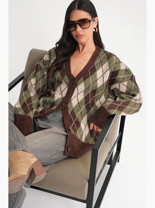 Cardigan oversize argyle com decote em v e botões mixray - Kiabi