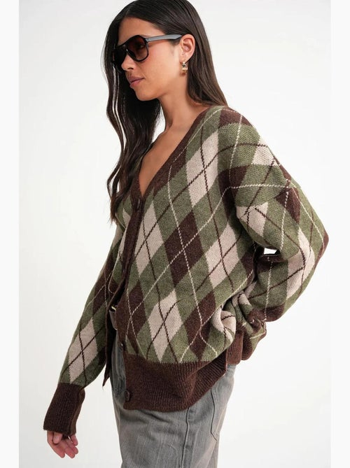 Cardigan oversize argyle com decote em v e botões mixray - Kiabi