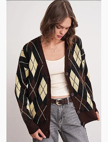 Cardigan oversize argyle com decote em v e botões mixray