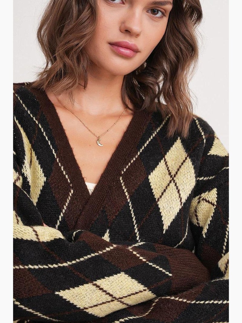 Cardigan oversize argyle com decote em v e botões mixray Castanho-claro - Kiabi